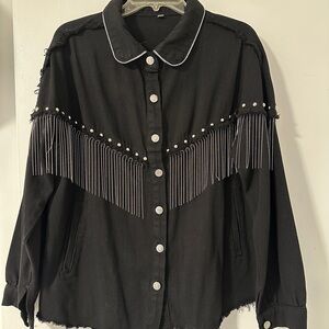 Oversized Fringe Black Denim shirt Jacket Frayed Sparkly Tassel cowgirl western